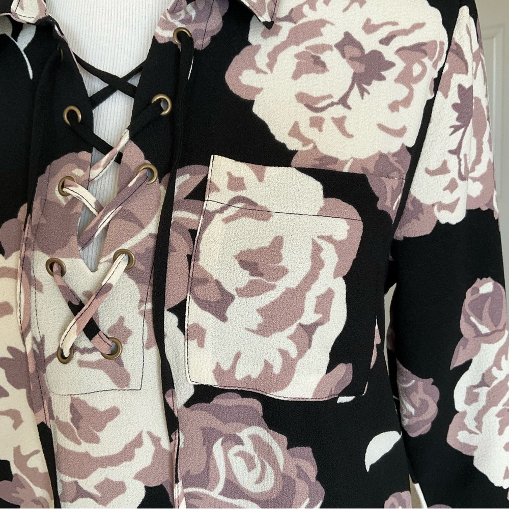 Mud Pie Kinsley Lace Up Floral Shirt Dress |Tunic Long Sleeve Black Size S - Picture 5 of 10